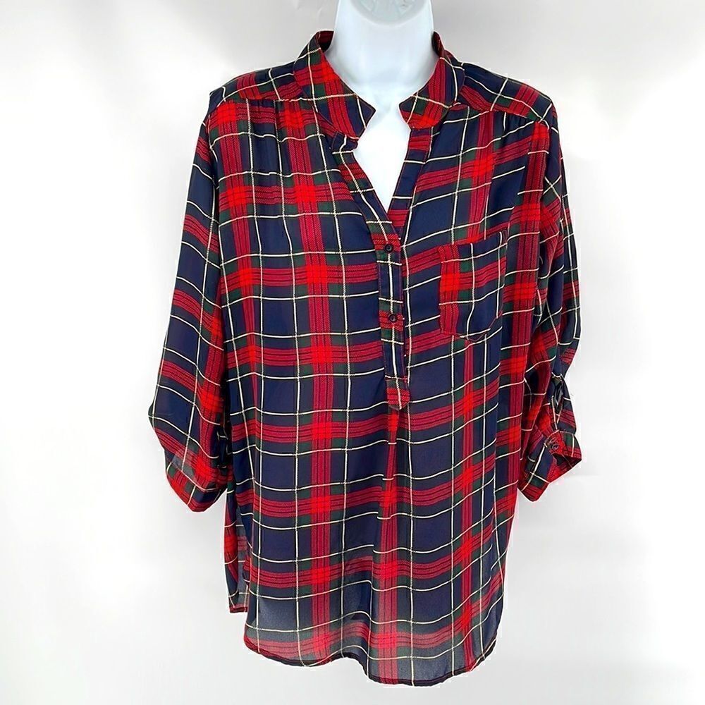 CALS green navy blue red white plaid semi sheer v neck tunic shirt top medium